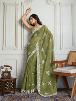 Thumbnail for Jyoti Fashion Women's Olive Green Semi Georgette Embroidered Designer Saree with Blouse