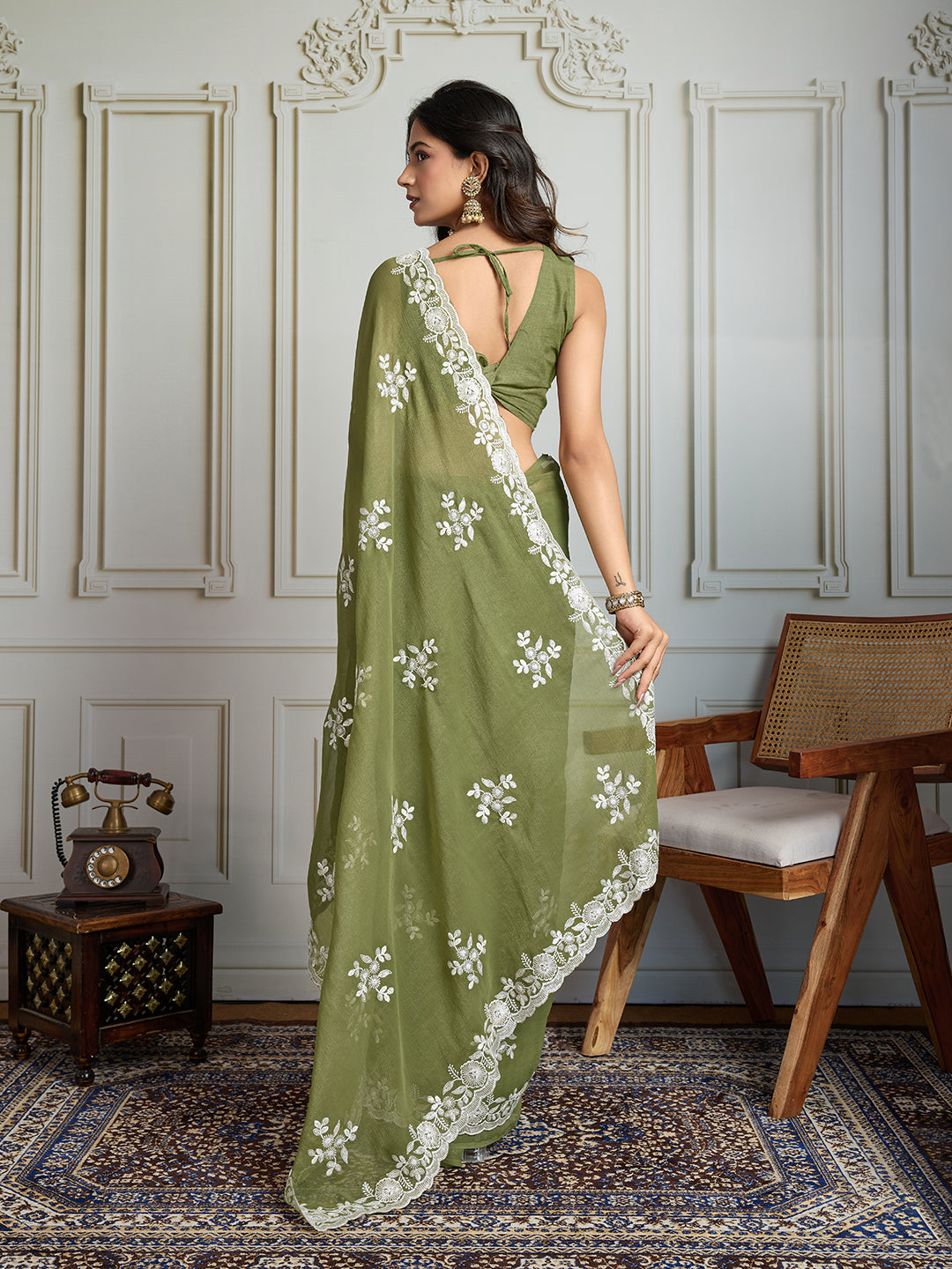 Jyoti Fashion Women's Olive Green Semi Georgette Embroidered Designer Saree with Blouse