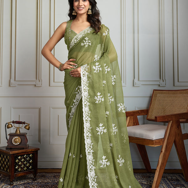 Jyoti Fashion Women's Olive Green Semi Georgette Embroidered Designer Saree with Blouse