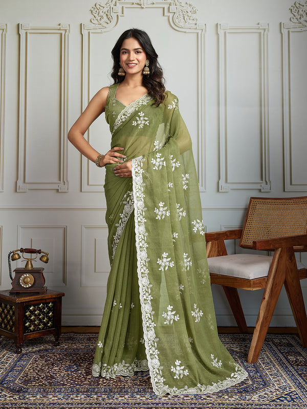 Jyoti Fashion Women's Olive Green Semi Georgette Embroidered Designer Saree with Blouse