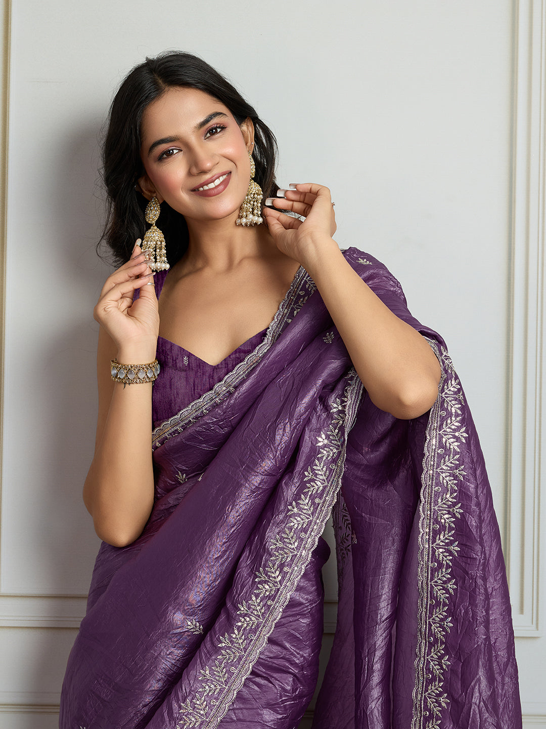 Jyoti Fashion Women's Purple Gold Crush Embroidered Designer Saree with Blouse
