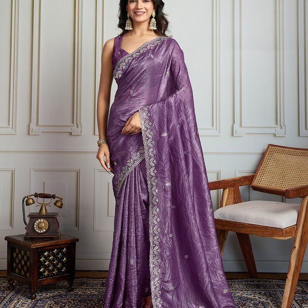 Jyoti Fashion Women's Purple Gold Crush Embroidered Designer Saree with Blouse