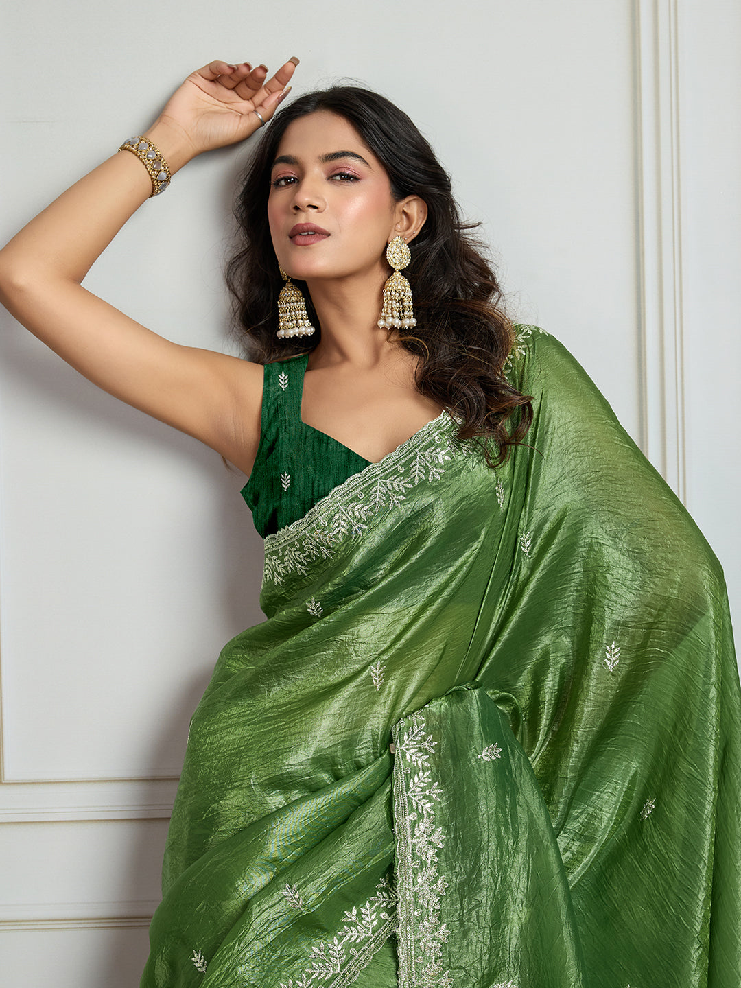 Jyoti Fashion Women's Parrot Green Gold Crush Embroidered Designer Saree with Blouse