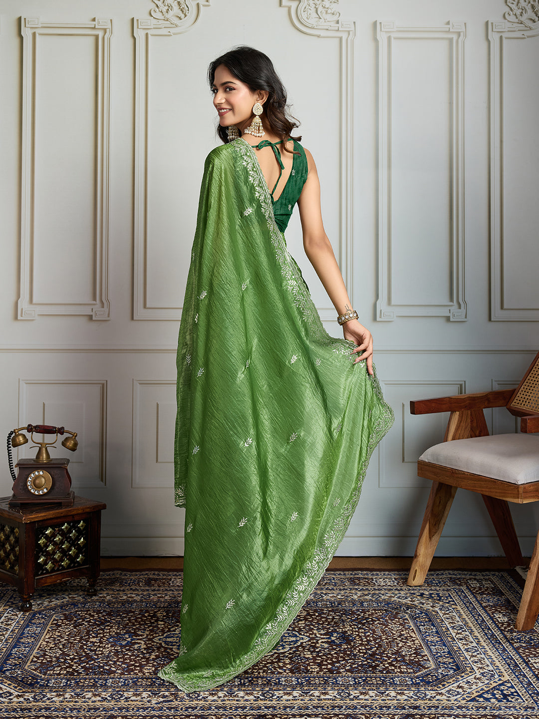 Jyoti Fashion Women's Parrot Green Gold Crush Embroidered Designer Saree with Blouse