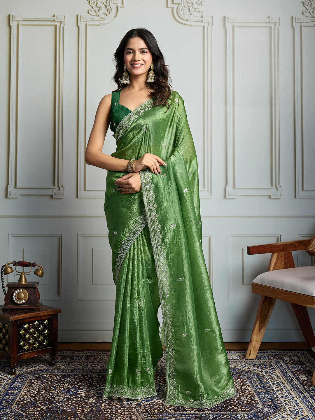 Jyoti Fashion Women's Parrot Green Gold Crush Embroidered Designer Saree with Blouse