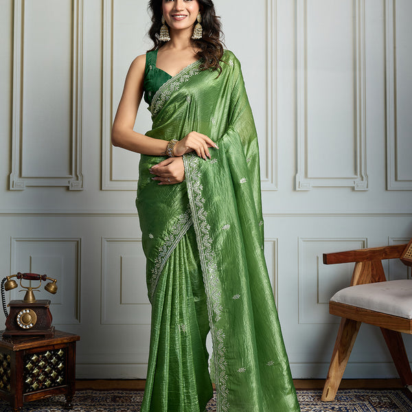 Jyoti Fashion Women's Parrot Green Gold Crush Embroidered Designer Saree with Blouse