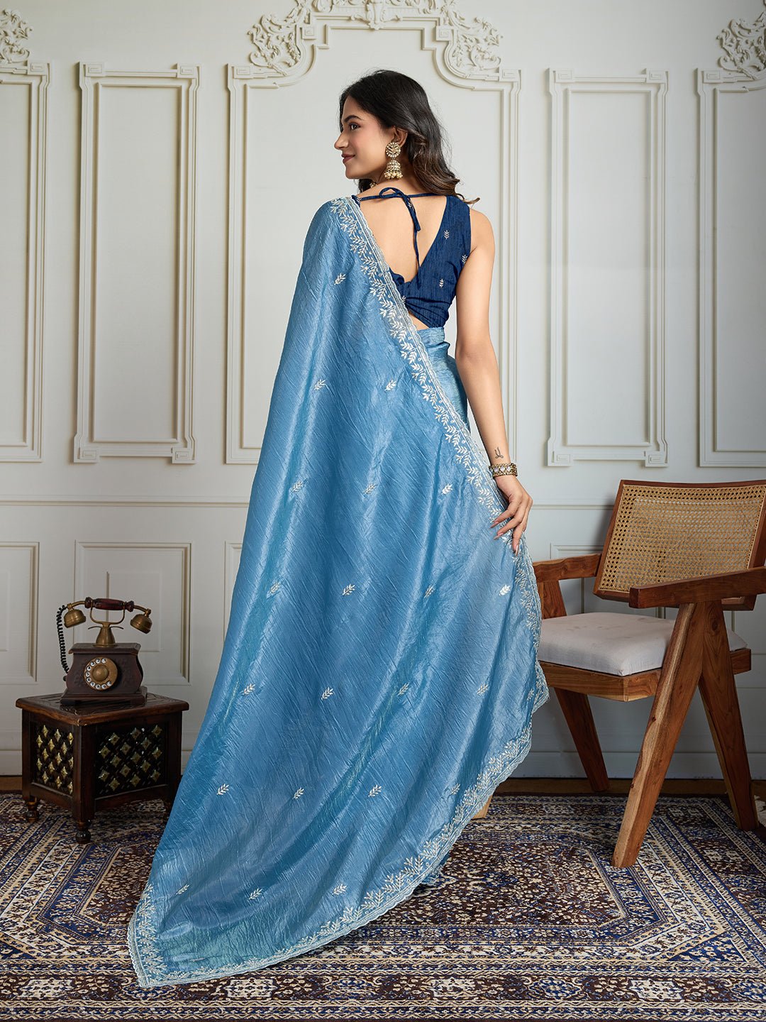 Jyoti Fashion Women's Rama Blue Gold Crush Embroidered Designer Saree with Blouse