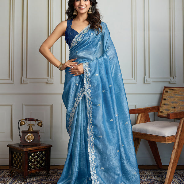 Jyoti Fashion Women's Rama Blue Gold Crush Embroidered Designer Saree with Blouse