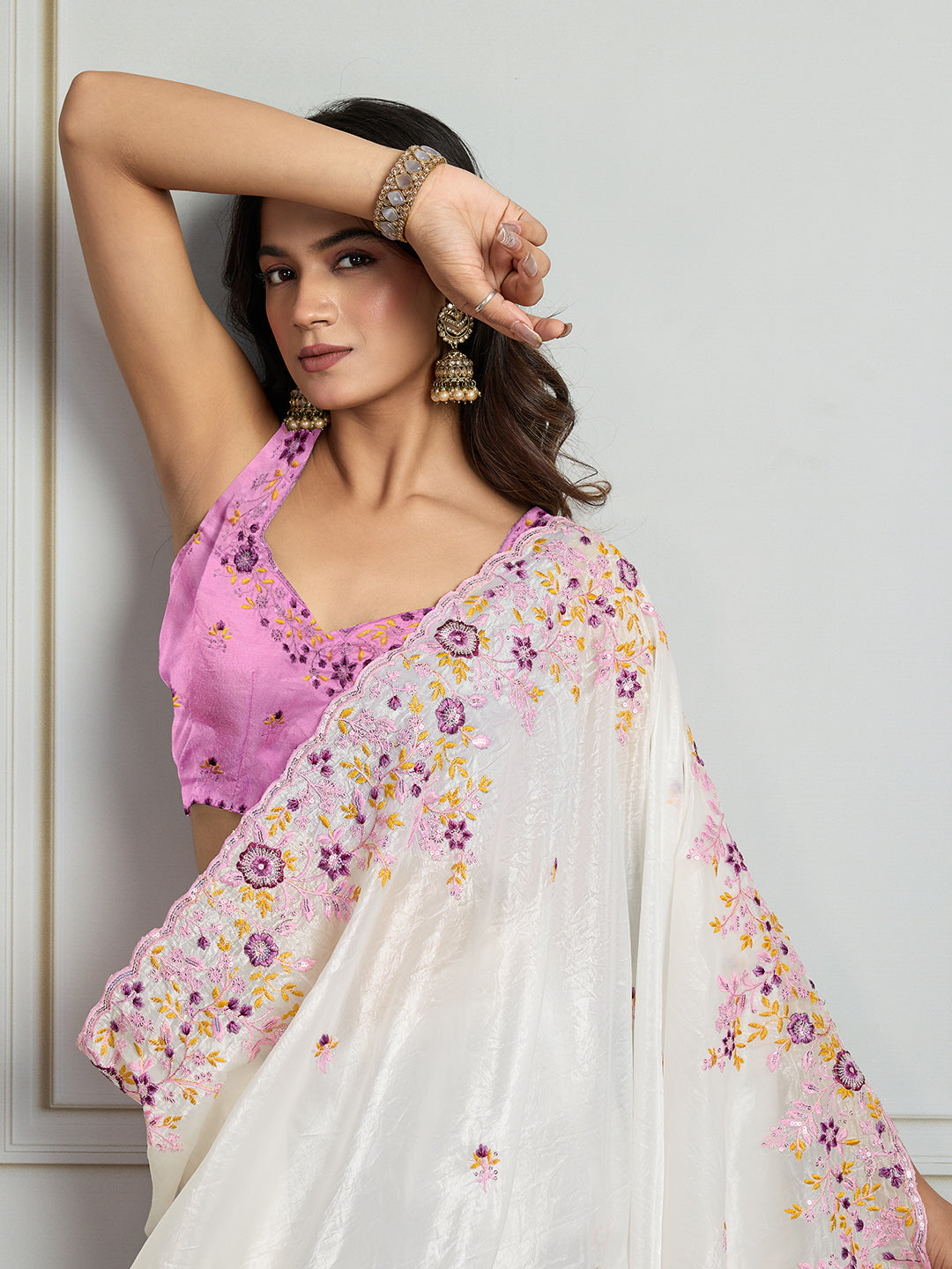 Jyoti Fashion Women's White Gold Crush Embroidered Designer Saree with Blouse