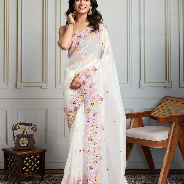 Jyoti Fashion Women's White Gold Crush Embroidered Designer Saree with Blouse