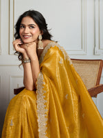 Thumbnail for Jyoti Fashion Women's Yellow Satin Silk Embroidered Designer Saree with Blouse