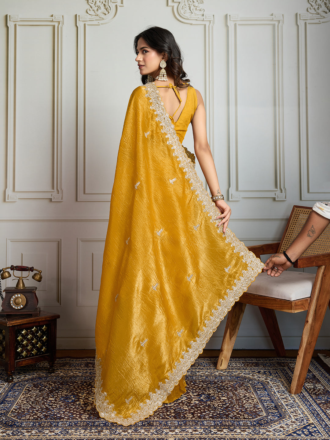 Jyoti Fashion Women's Yellow Satin Silk Embroidered Designer Saree with Blouse