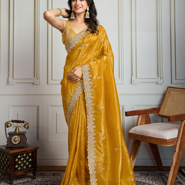 Jyoti Fashion Women's Yellow Satin Silk Embroidered Designer Saree with Blouse