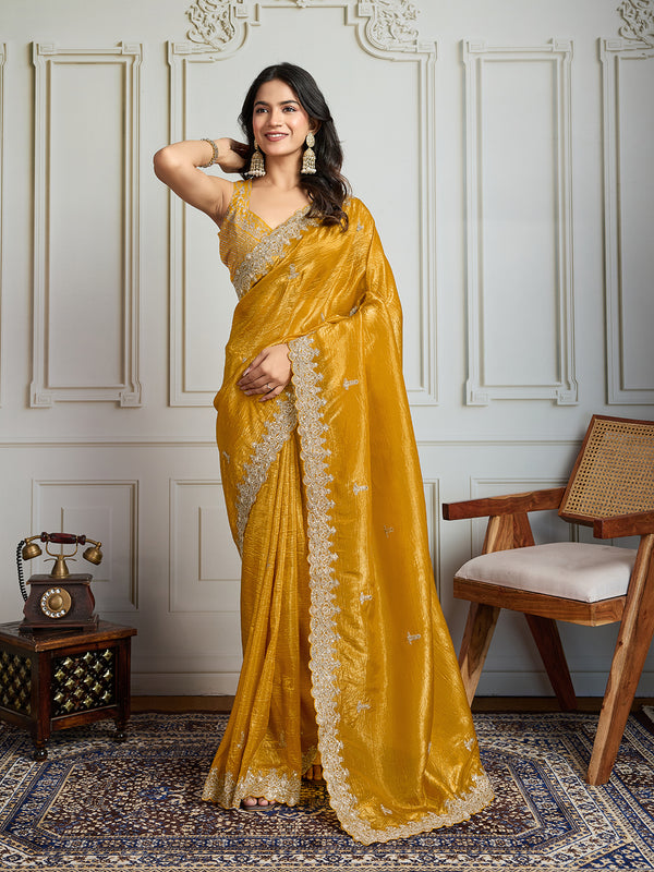 Jyoti Fashion Women's Yellow Satin Silk Embroidered Designer Saree with Blouse