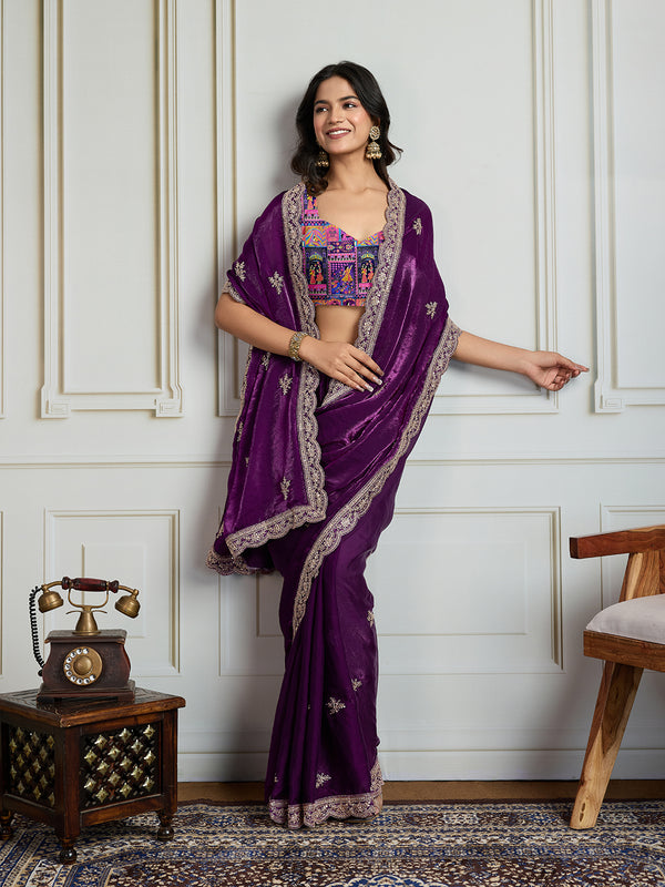 Jyoti Fashion Women's Purple Jimmy Choo Embroidered Designer Saree with Blouse