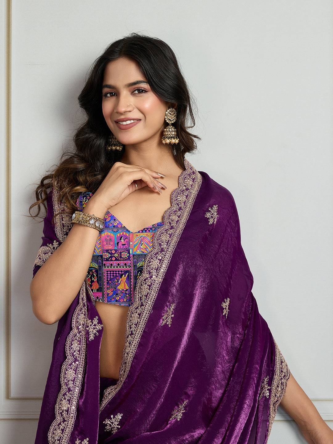 Jyoti Fashion Women's Purple Jimmy Choo Embroidered Designer Saree with Blouse