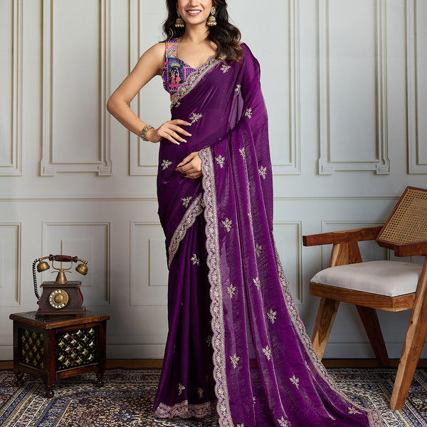 Jyoti Fashion Women's Purple Jimmy Choo Embroidered Designer Saree with Blouse
