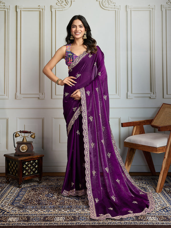 Jyoti Fashion Women's Purple Jimmy Choo Embroidered Designer Saree with Blouse
