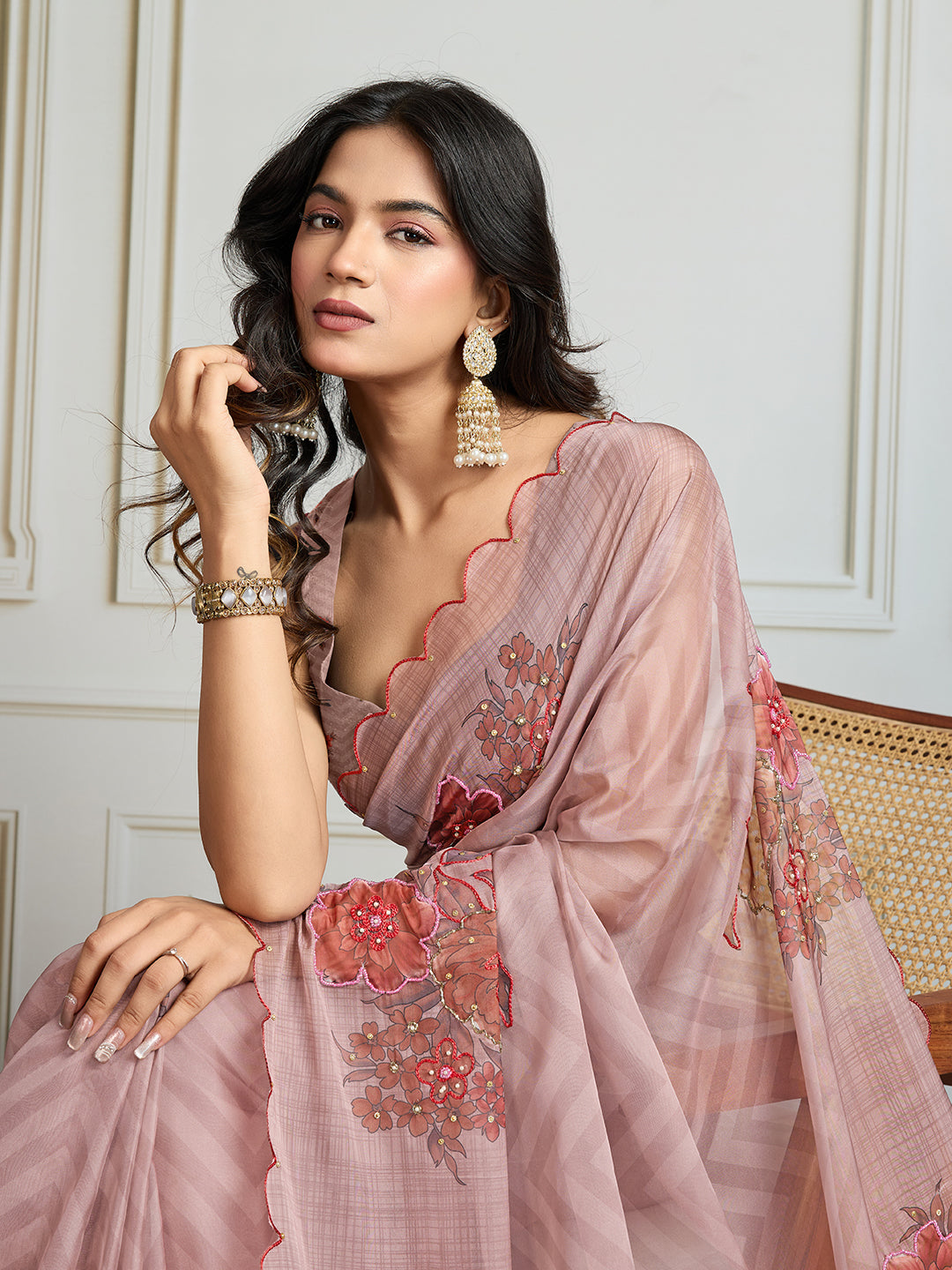 Jyoti Fashion Women's Beige Soft Tabby Organza Digital Printed Designer Saree with Blouse