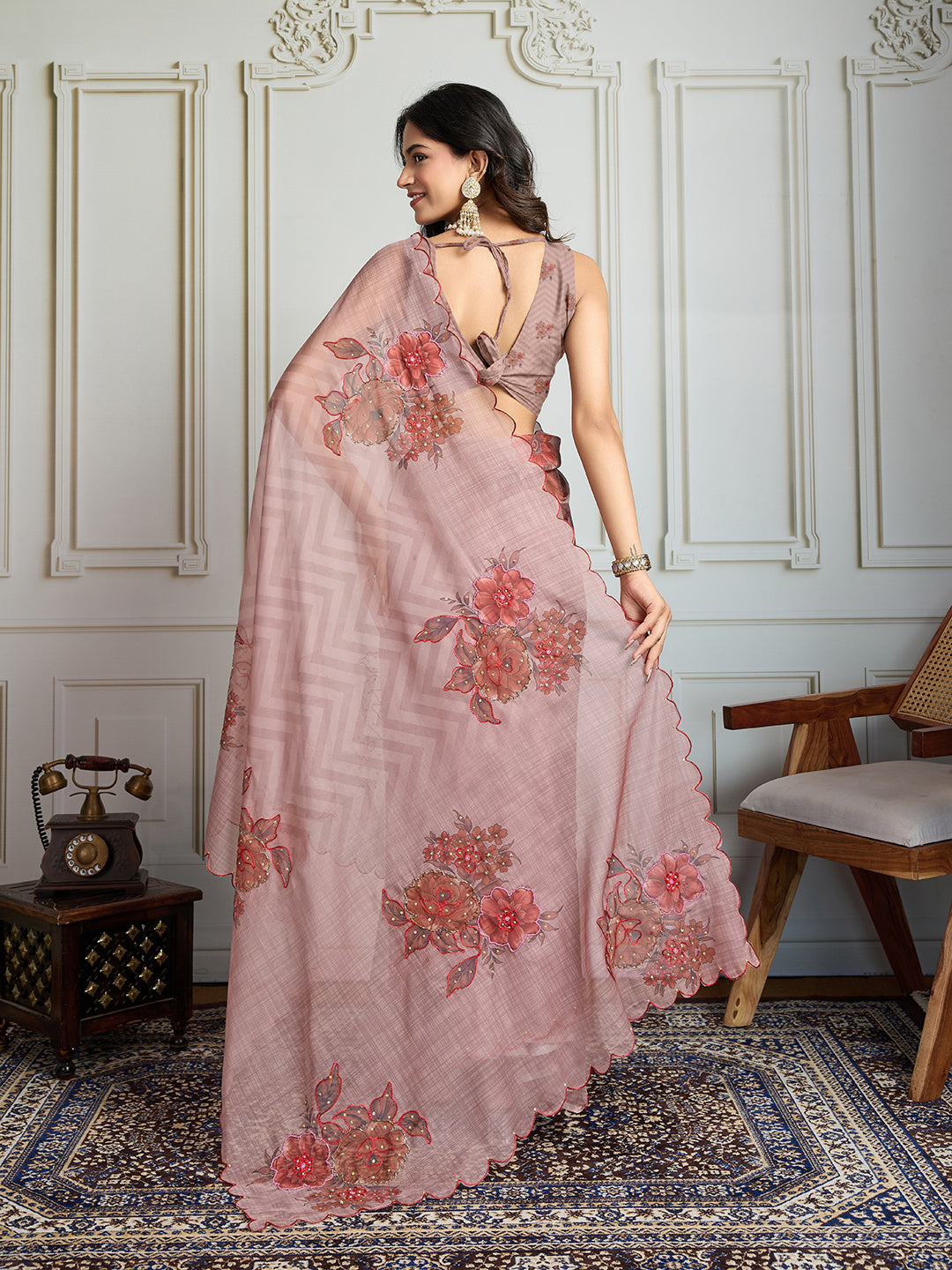 Jyoti Fashion Women's Beige Soft Tabby Organza Digital Printed Designer Saree with Blouse