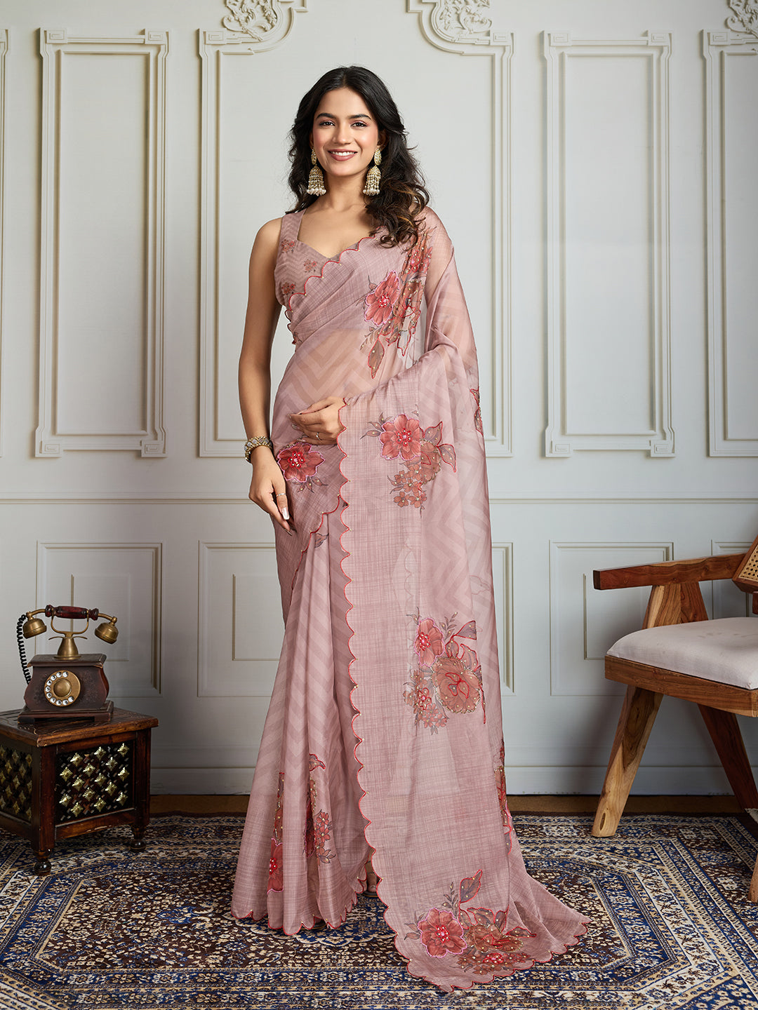 Jyoti Fashion Women's Beige Soft Tabby Organza Digital Printed Designer Saree with Blouse