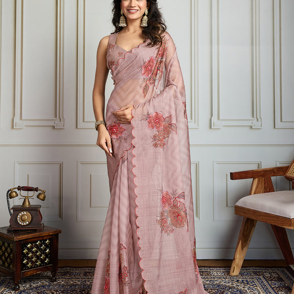 Jyoti Fashion Women's Beige Soft Tabby Organza Digital Printed Designer Saree with Blouse