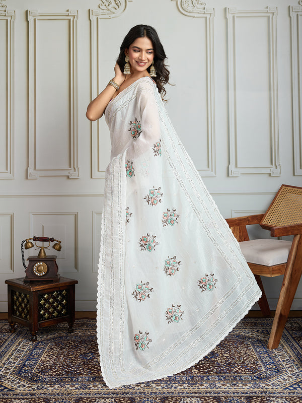 Jyoti Fashion Women's White Crush Organza Sequins Designer Saree with Blouse