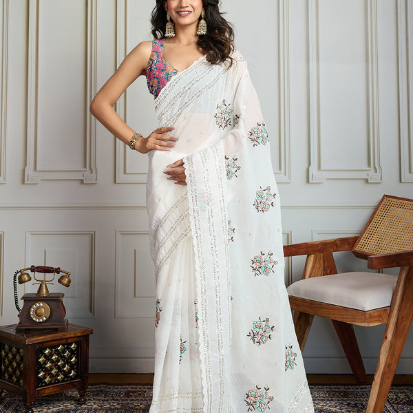 Jyoti Fashion Women's White Crush Organza Sequins Designer Saree with Blouse