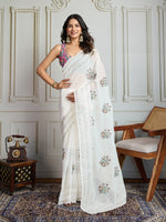 Thumbnail for Jyoti Fashion Women's White Crush Organza Sequins Designer Saree with Blouse