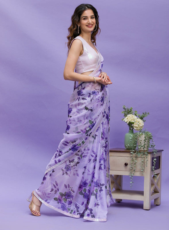 Jyoti Fashion Women's Purple Digital Print with Sequence Lace work Chinon Saree with Blouse - Distacart