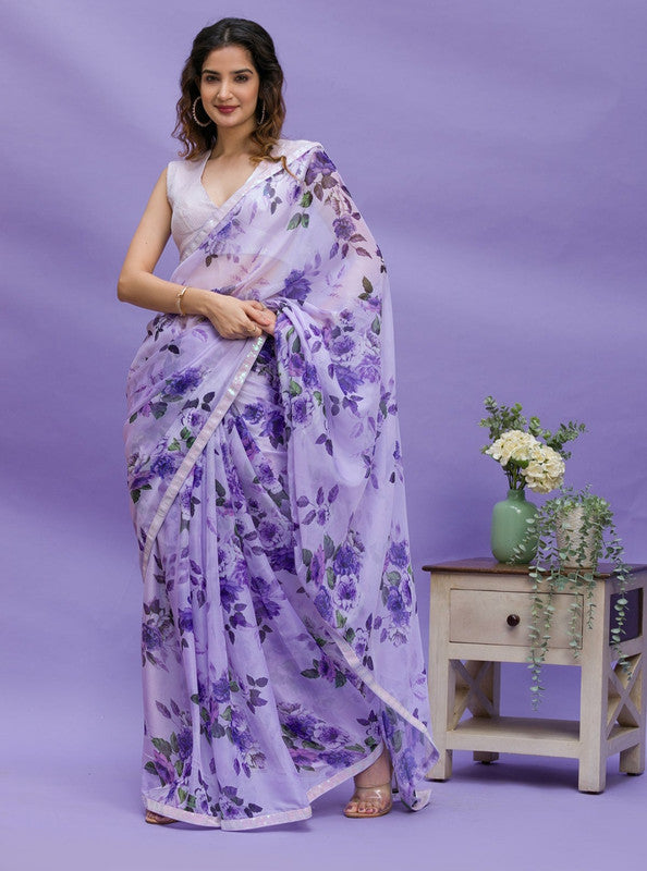 Jyoti Fashion Women's Purple Digital Print with Sequence Lace work Chinon Saree with Blouse - Distacart