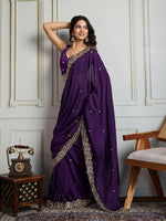 Thumbnail for Jyoti Fashion Women's Purple Satin Silk Sequins Designer Saree with Blouse