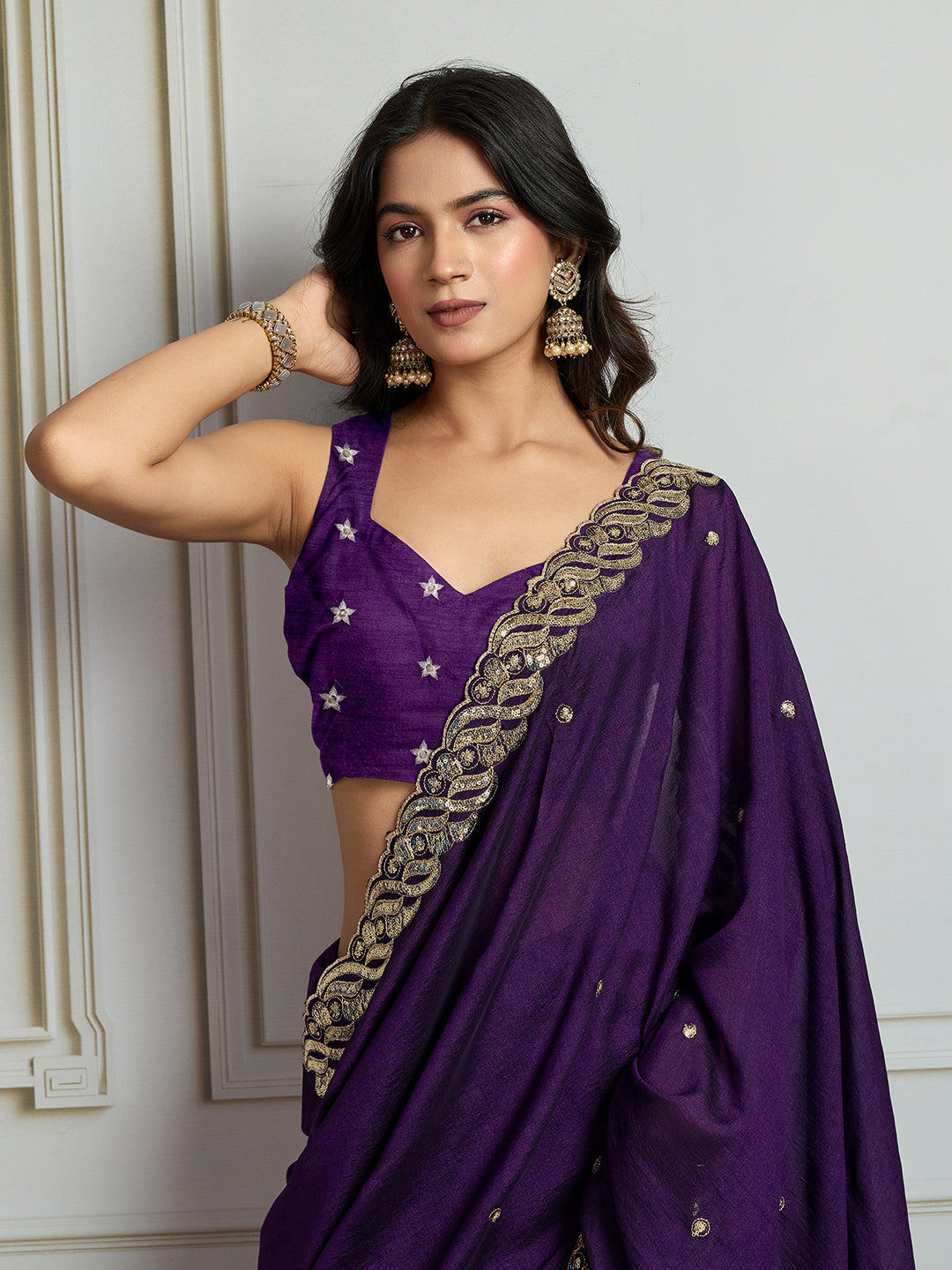 Jyoti Fashion Women's Purple Satin Silk Sequins Designer Saree with Blouse