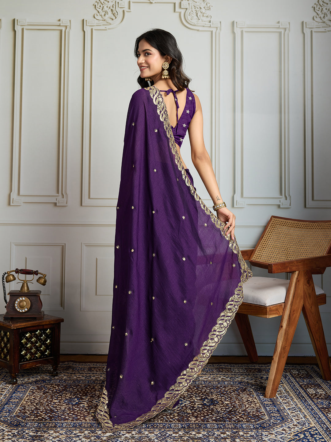 Jyoti Fashion Women's Purple Satin Silk Sequins Designer Saree with Blouse
