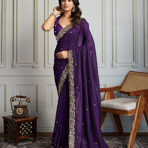 Jyoti Fashion Women's Purple Satin Silk Sequins Designer Saree with Blouse