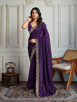 Thumbnail for Jyoti Fashion Women's Purple Satin Silk Sequins Designer Saree with Blouse