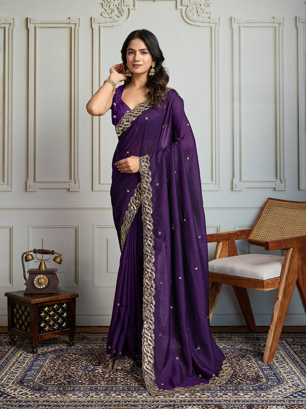 Jyoti Fashion Women's Purple Satin Silk Sequins Designer Saree with Blouse