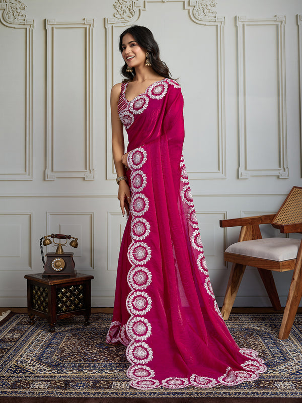 Jyoti Fashion Women's Pink Fandy Satin Embroidered Designer Saree with Blouse