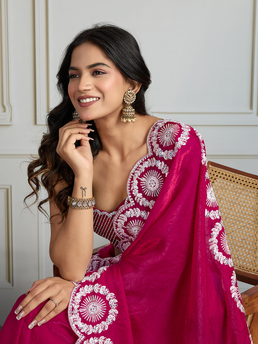 Jyoti Fashion Women's Pink Fandy Satin Embroidered Designer Saree with Blouse