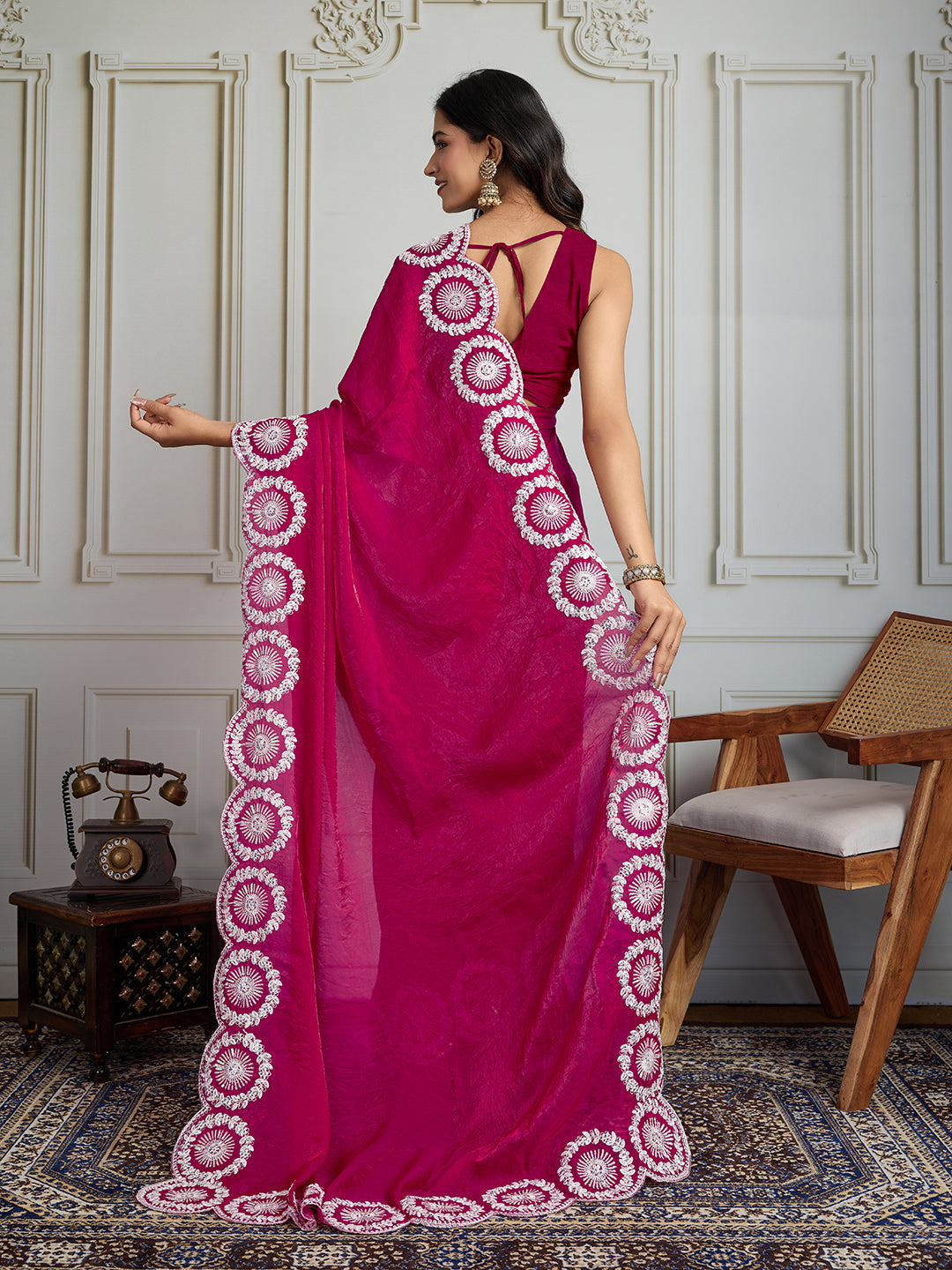 Jyoti Fashion Women's Pink Fandy Satin Embroidered Designer Saree with Blouse