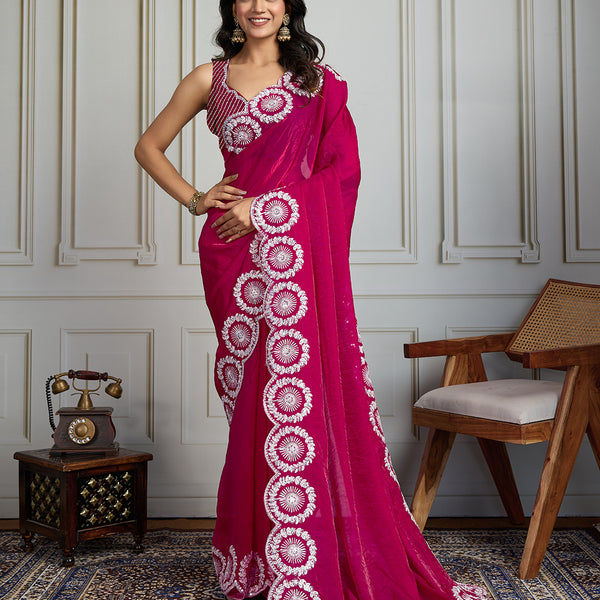 Jyoti Fashion Women's Pink Fandy Satin Embroidered Designer Saree with Blouse