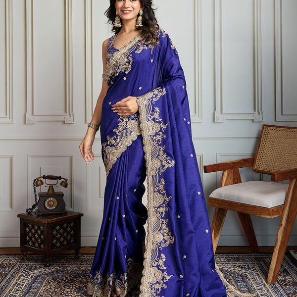Jyoti Fashion Women's Blue Jimmy Choo Silk Embroidered Designer Saree with Blouse
