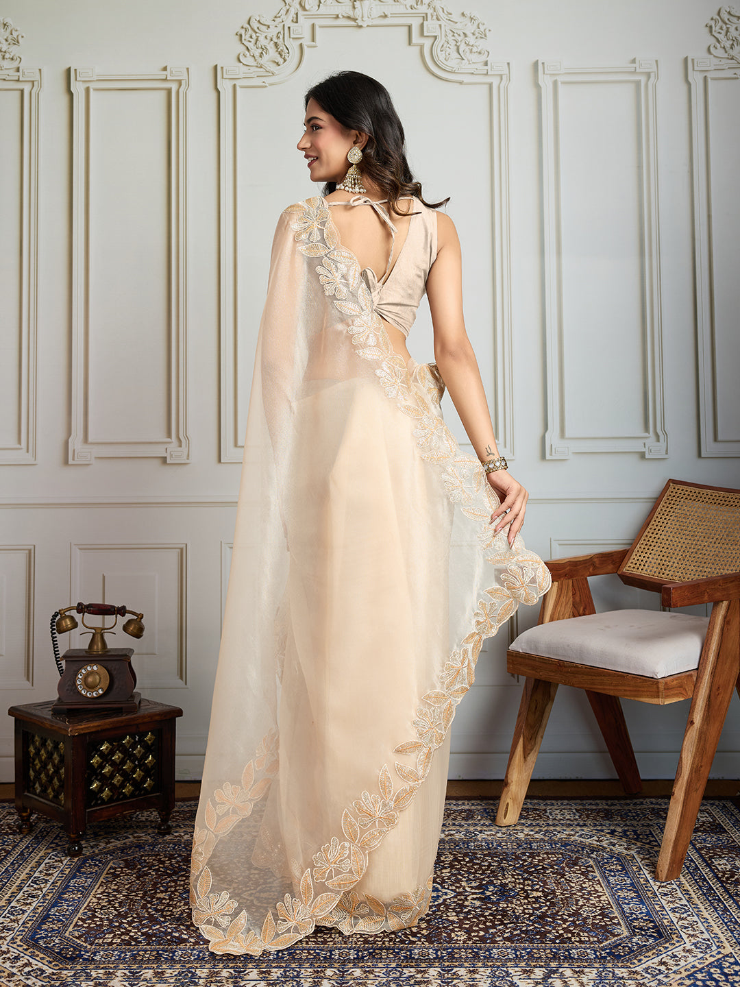 Jyoti Fashion Women's Cream Organza Embroidered Designer Saree with Blouse