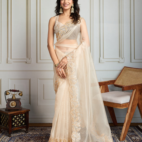 Jyoti Fashion Women's Cream Organza Embroidered Designer Saree with Blouse