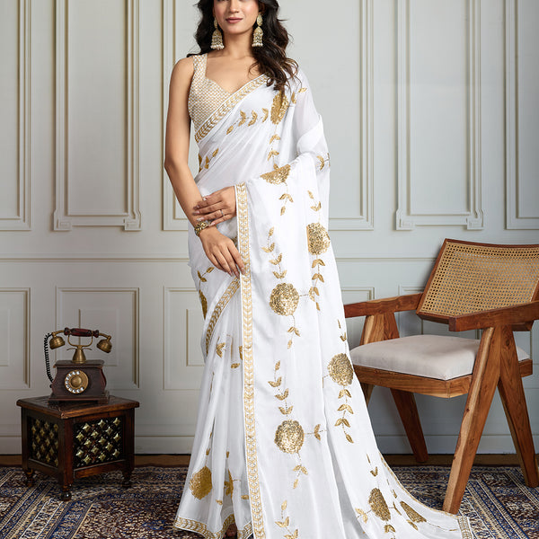 Jyoti Fashion Women's White Georgette Embroidered Designer Saree with Blouse