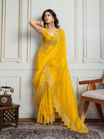Thumbnail for Jyoti Fashion Women's Yellow Gold Crush Silk Embroidered Designer Saree with Blouse
