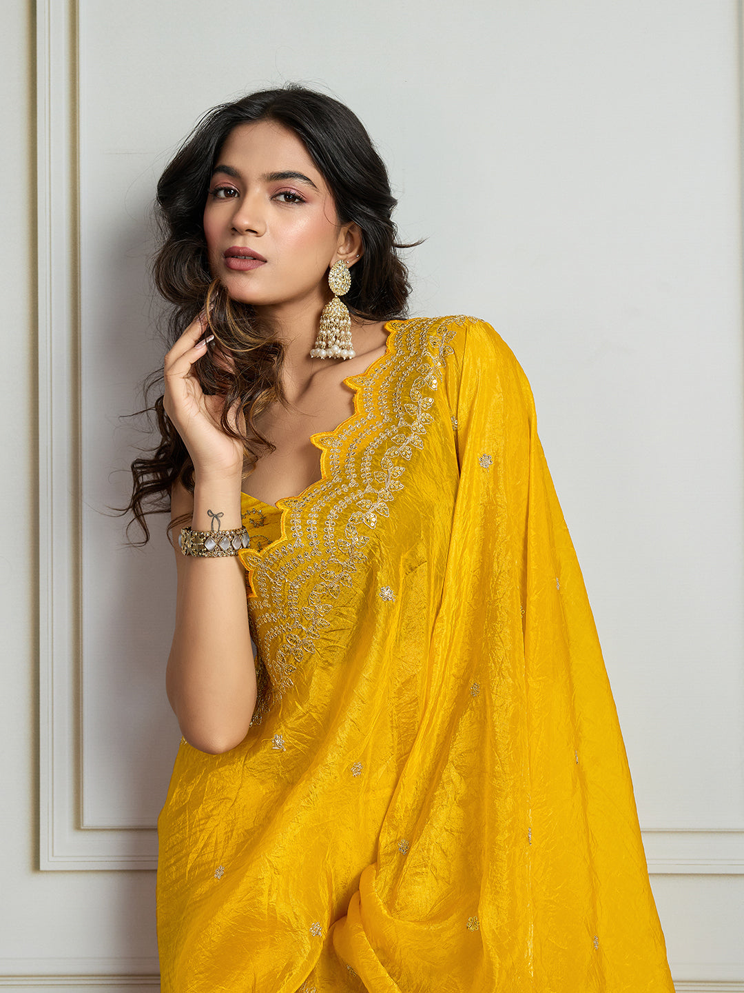 Jyoti Fashion Women's Yellow Gold Crush Silk Embroidered Designer Saree with Blouse