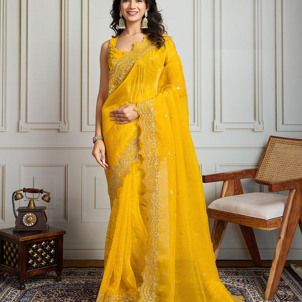 Jyoti Fashion Women's Yellow Gold Crush Silk Embroidered Designer Saree with Blouse