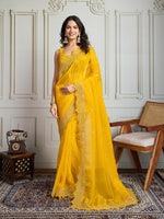 Thumbnail for Jyoti Fashion Women's Yellow Gold Crush Silk Embroidered Designer Saree with Blouse