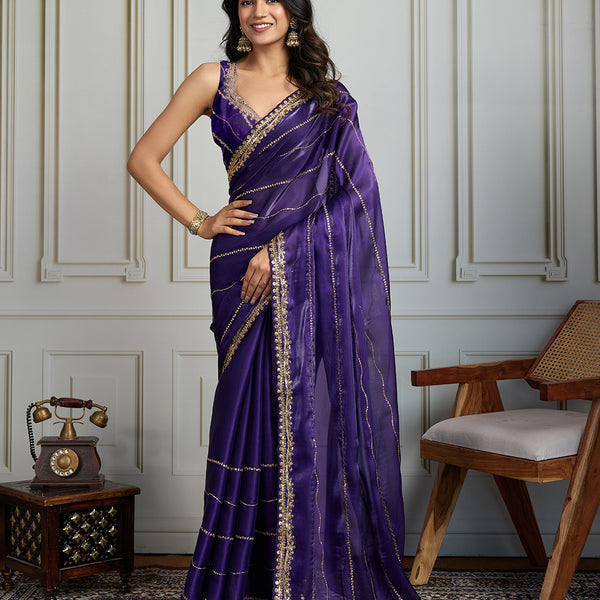 Jyoti Fashion Women's Purple Jimmy Choo Sequins Designer Saree with Blouse